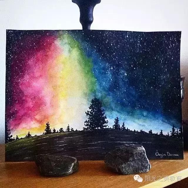 漂亮的水彩星空,冷色系的水彩星空简单