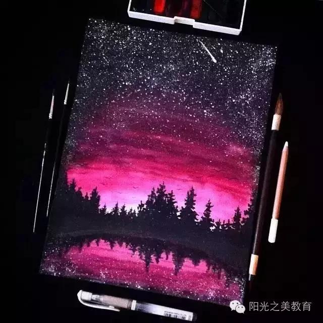 漂亮的水彩星空,冷色系的水彩星空简单