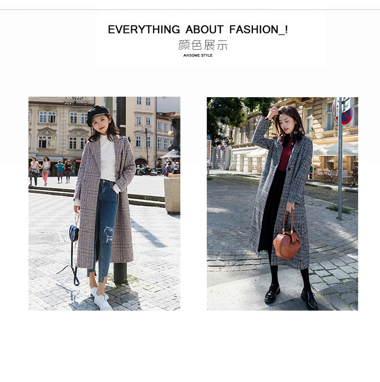 长款毛呢女外套，千鸟格加厚呢子大衣