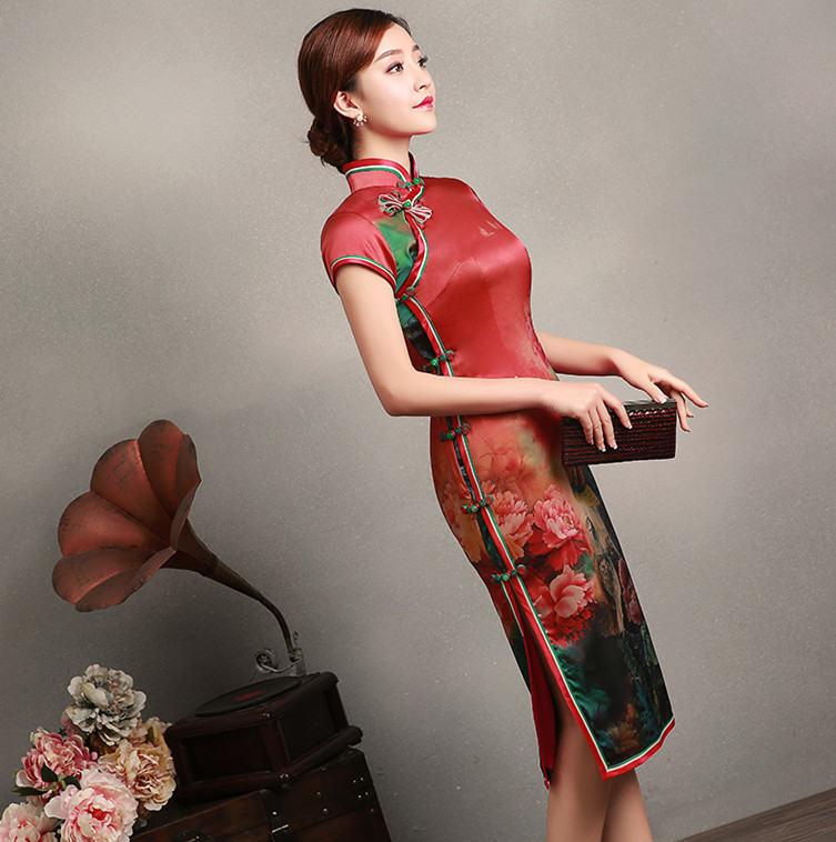 传统中式复古中长款优雅旗袍,中国风桑蚕丝复古高端旗袍