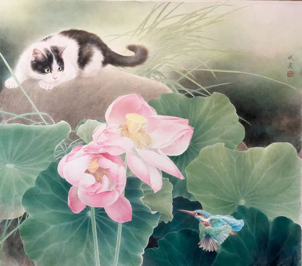 邢诚爱工笔猫扑蝶画法,邢诚爱工笔画猫白描底稿