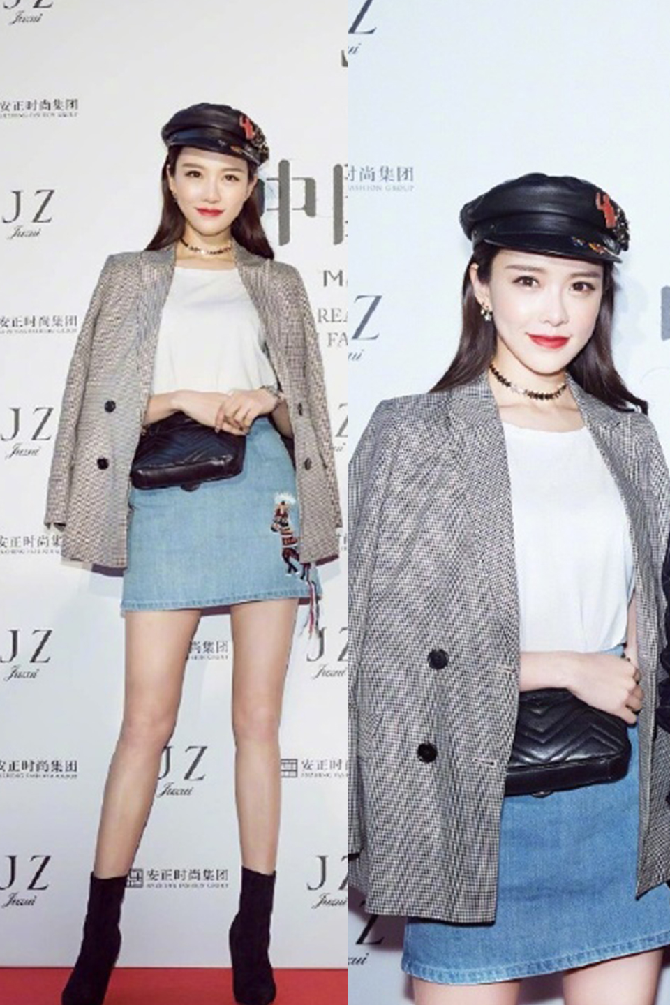 黄一琳丸子头黑色短裙,黄一琳白色牛仔裙