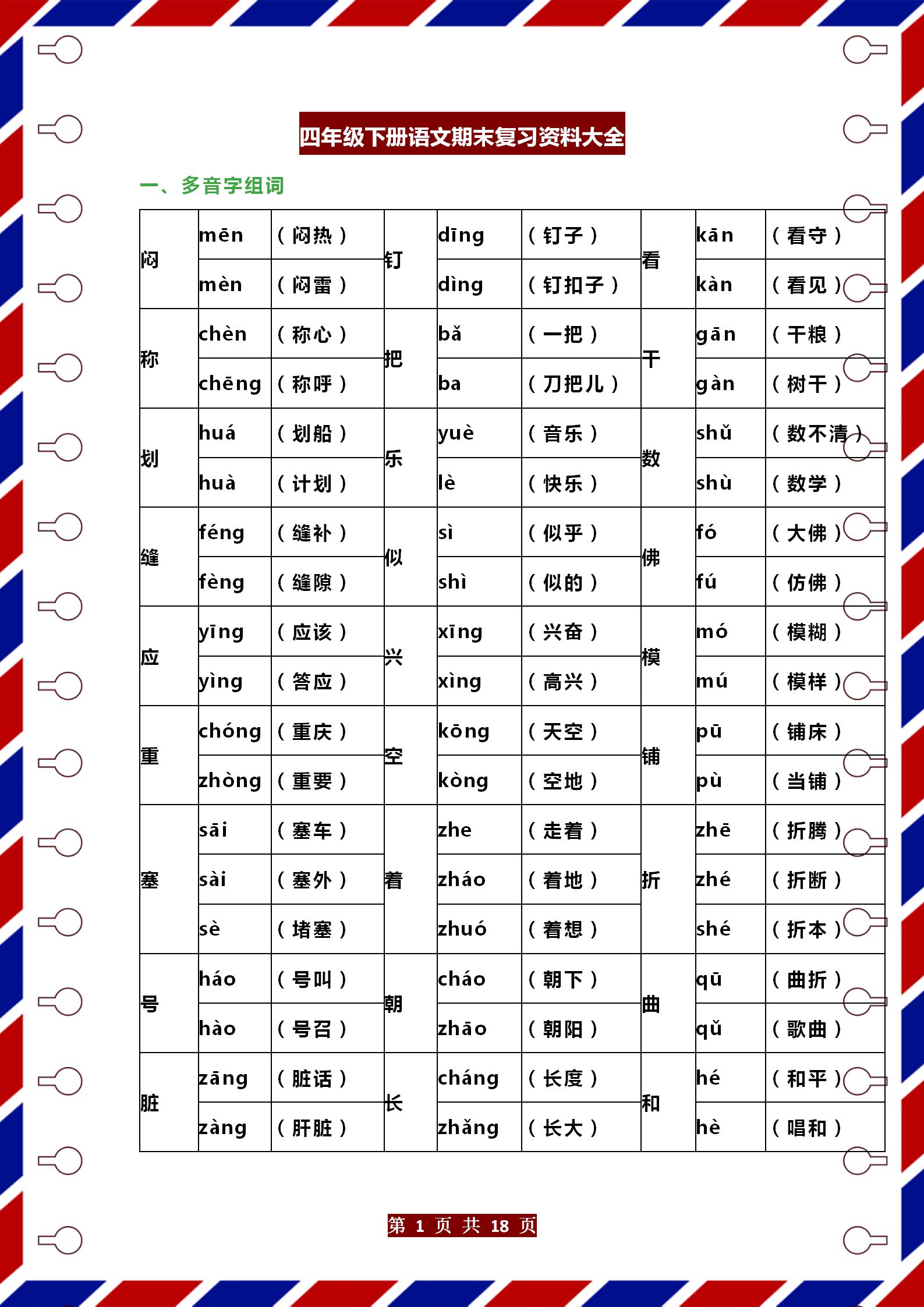 语文四年级下册期末复习重点必考,语文老师一年级期末总结