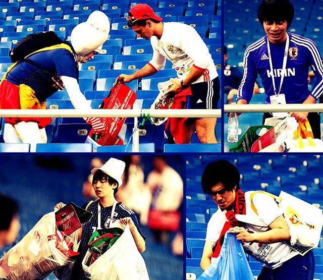 日本队赛后再次清理干净更衣室,日本球迷赛后含泪收拾看台垃圾