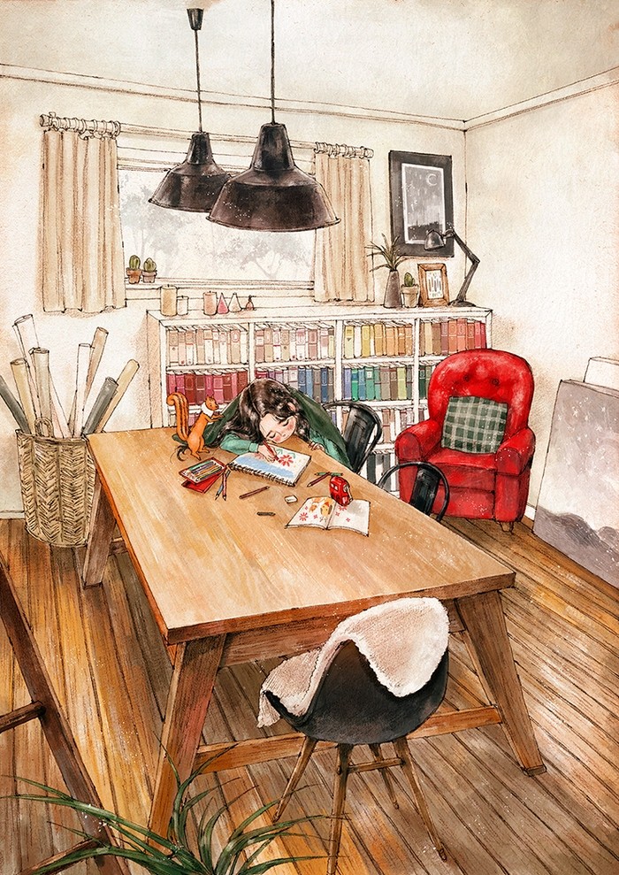 韩国森林女孩冬季插画 (手绘插画森林少女背影图片)