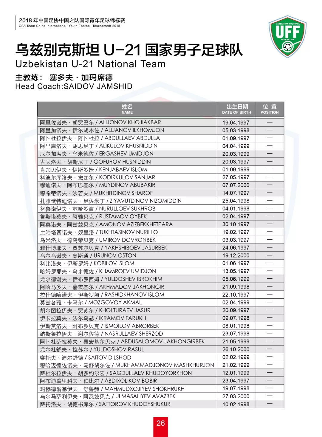 2020全国青年乒乓球锦标赛秩序册,2018中国足协中国之队国际足球赛