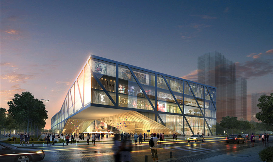 商场建筑外观效果图,三层框架式商场外观图