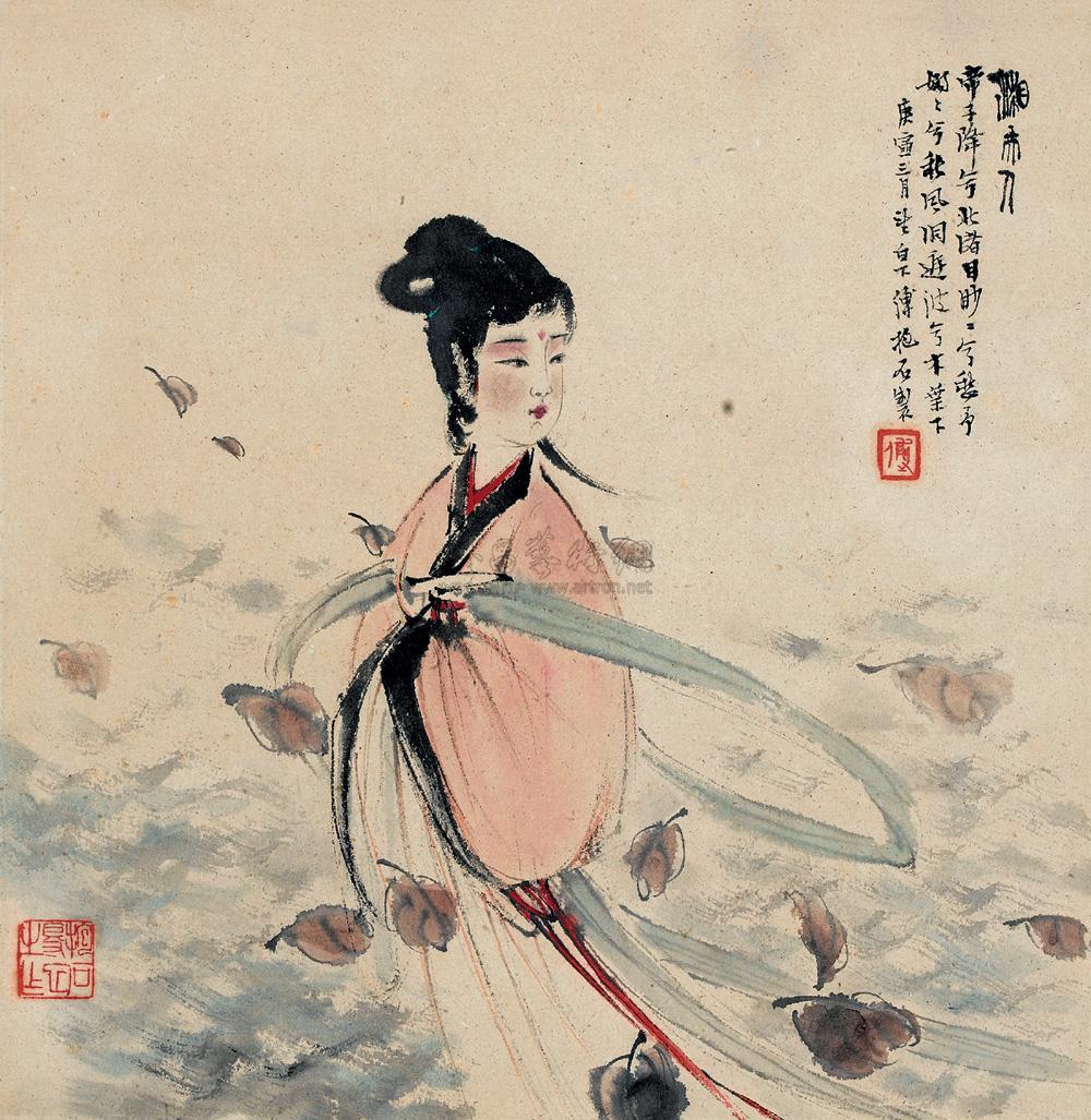 傅抱石创作国画天女散花图,傅抱石的国画作品《一望大江开》