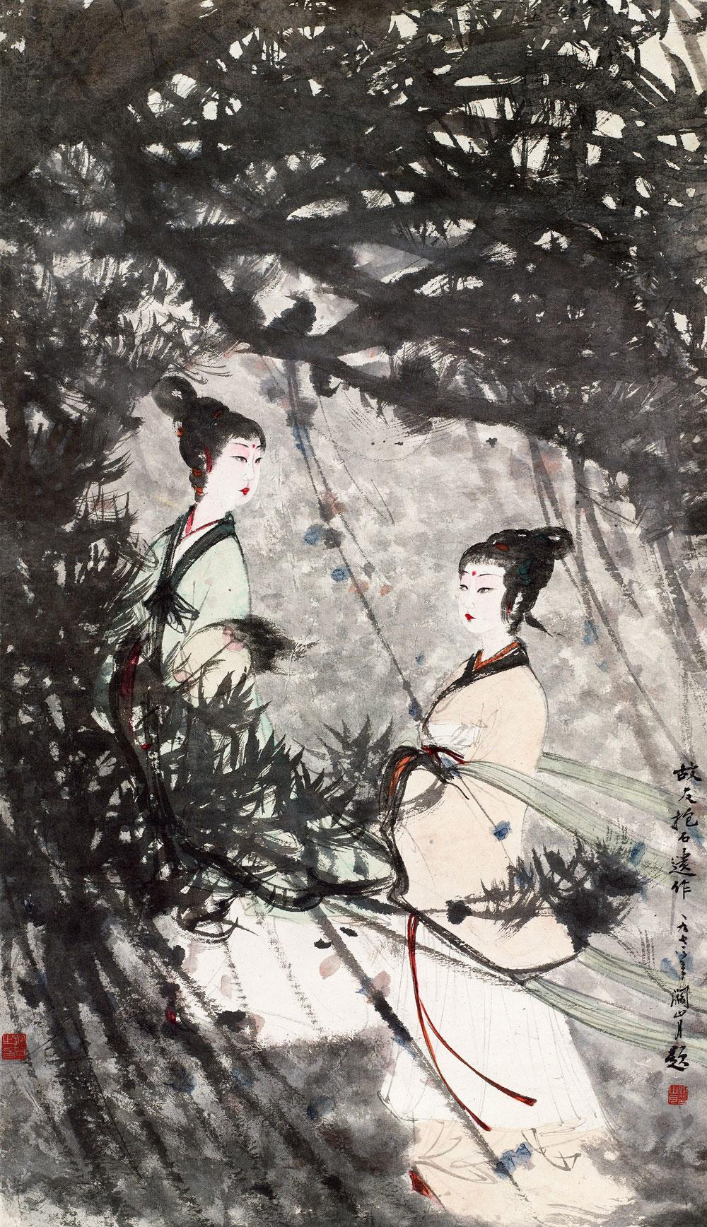 傅抱石创作国画天女散花图,傅抱石的国画作品《一望大江开》