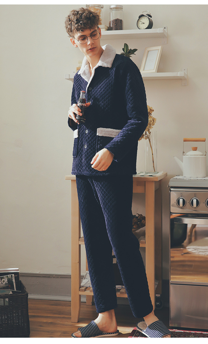 情侣睡衣秋冬珊瑚绒夹棉套装韩版家居服男纯棉长袖100%全棉加厚女