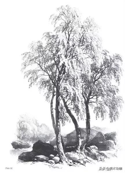 素描风景临摹高清大图简单范本,有山有水有倒影的素描风景图