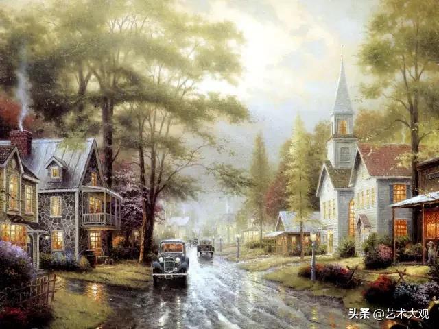 美式欧式田园风光油画,童话里的小屋子绘画