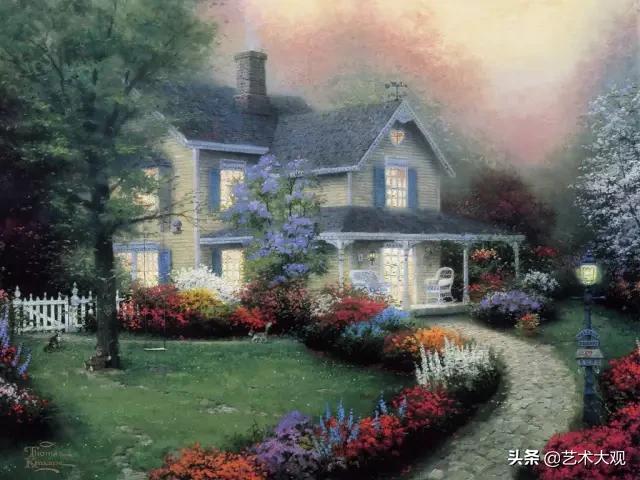 美式欧式田园风光油画,童话里的小屋子绘画