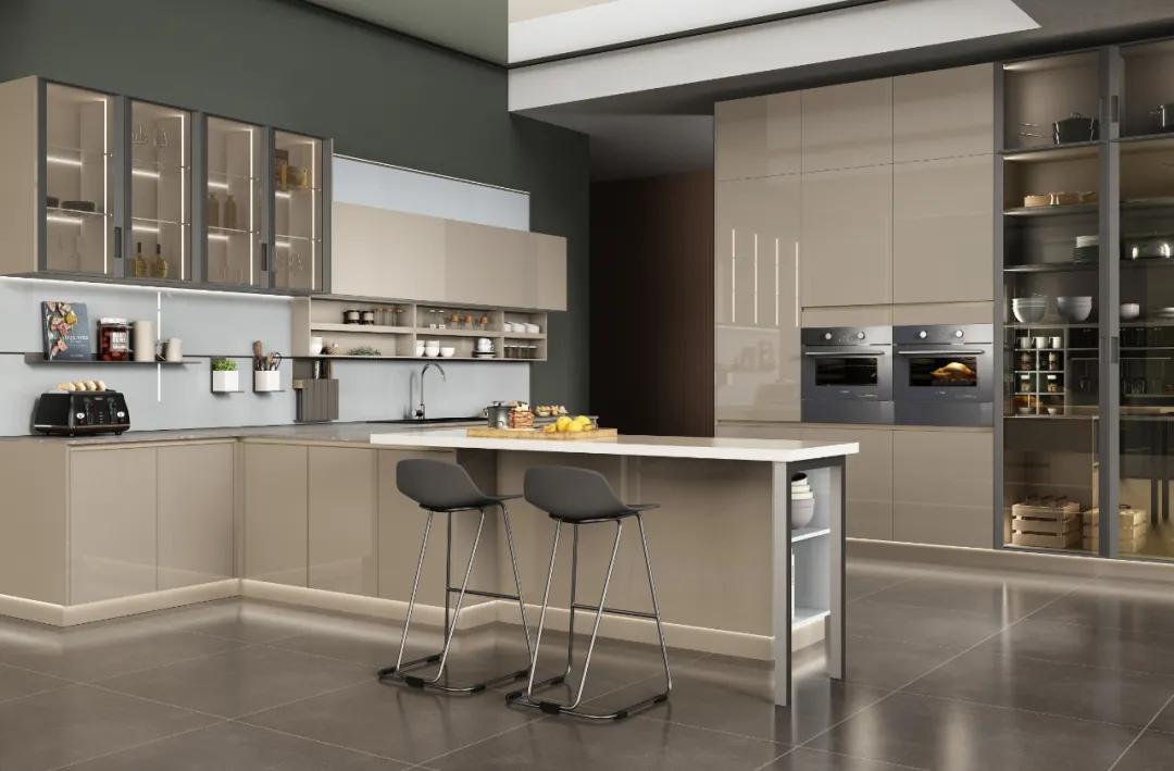 厨房直角吧台和推拉门一体效果图,厨房吧台极简设计效果图最新款