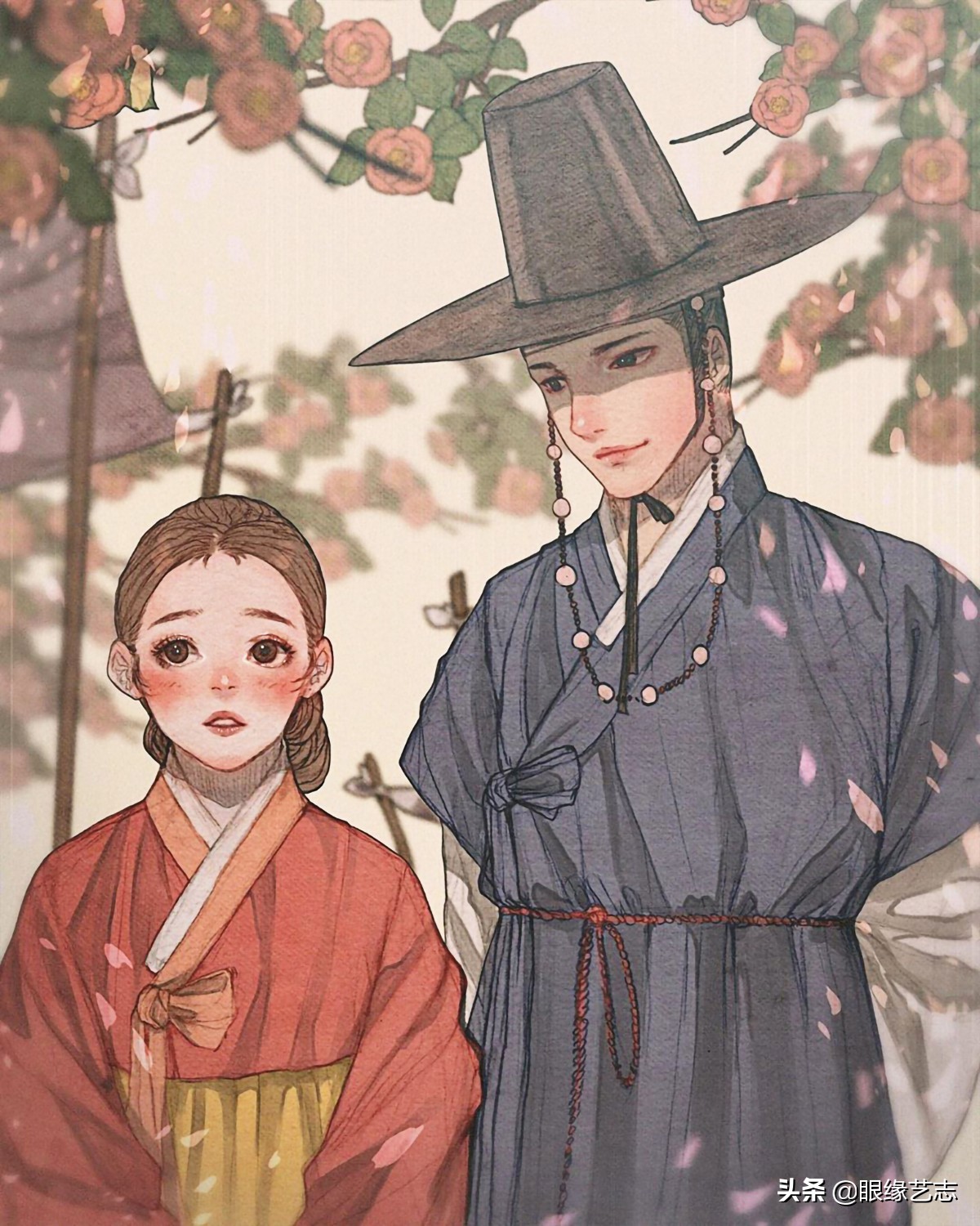 韩式穆夏风插画,韩国传统服饰插画