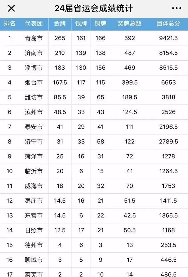 山东各地市全运会获奖排名,山东省运会排名