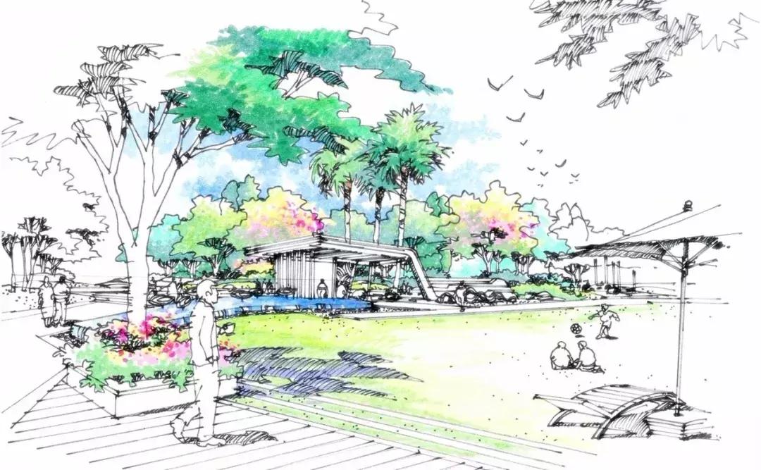 手绘效果图设计详解,干货五幅景观手绘效果图步骤图解