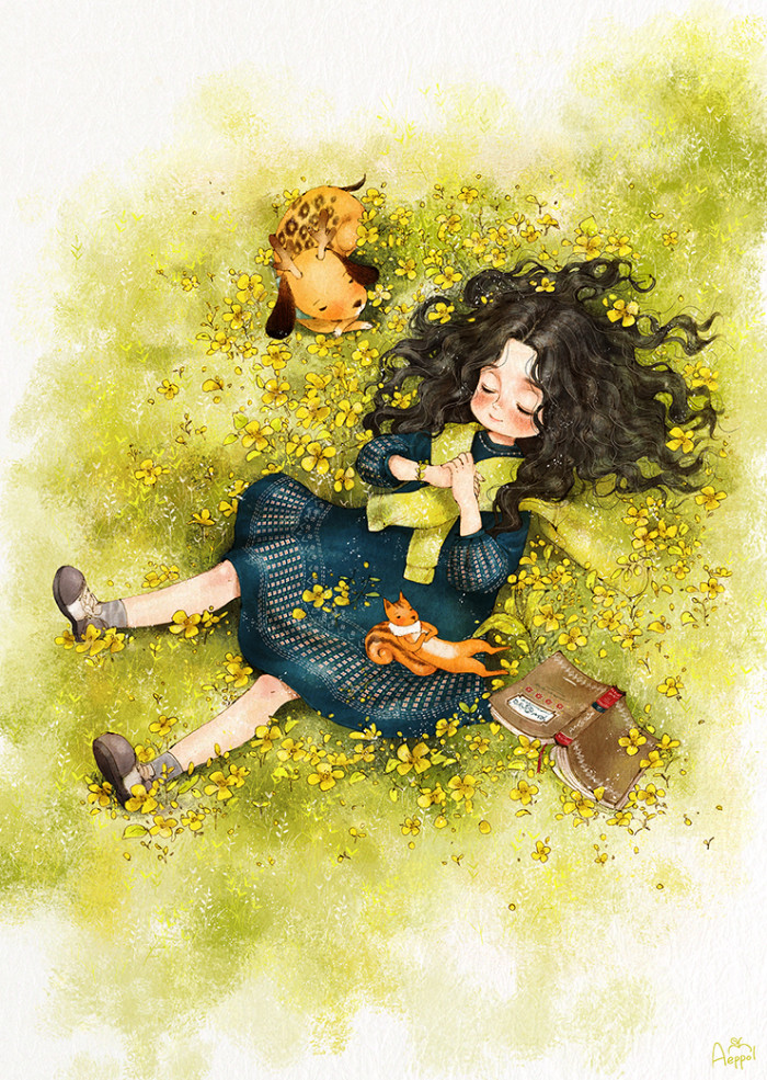 韩国插画师森林女孩日记图文,水彩插画森林女孩日记