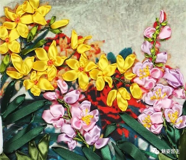 丝带绣盘结玫瑰花绣法图解,丝带绣图案教程牡丹