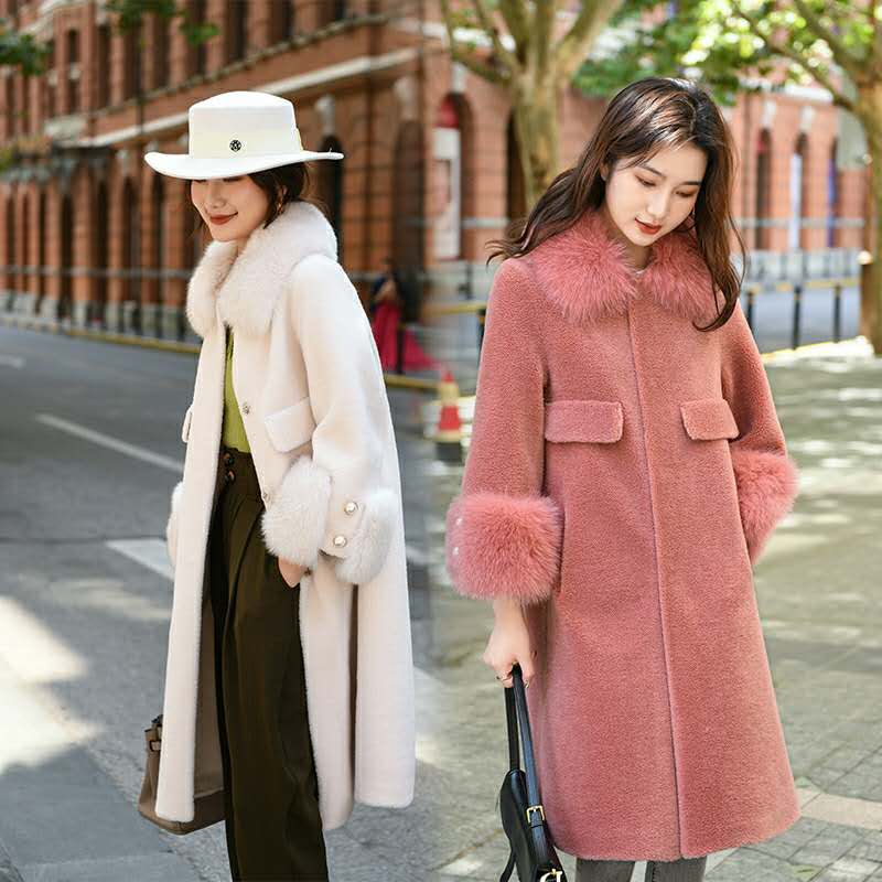 2020款秋冬皮草爆款皮毛一体,麂皮绒皮毛一体外套中长款狐狸毛