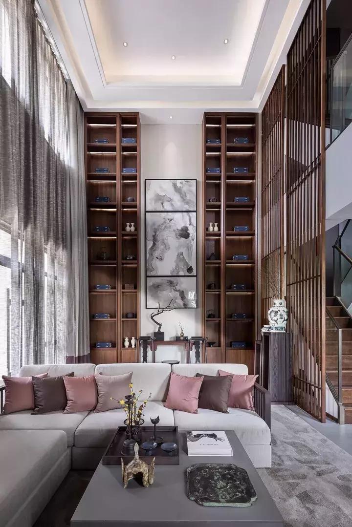 轻奢新中式挑空客厅效果图,挑空客厅极简设计案例