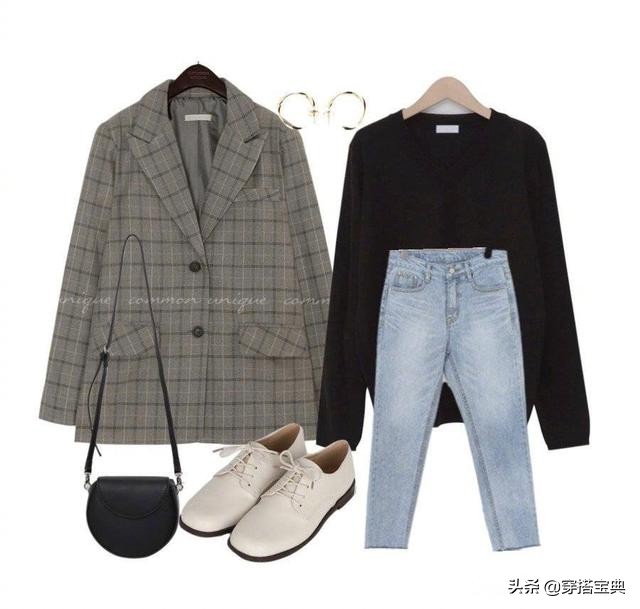 格子西装搭配灰色牛仔裤,男士灰色格子休闲西装搭配牛仔裤