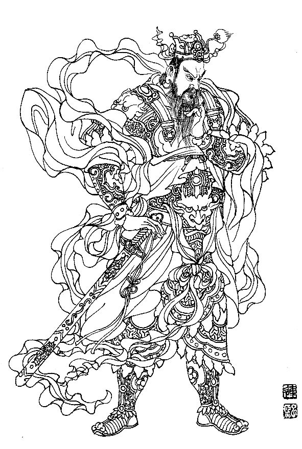 彭连熙工笔白描人物作品,工笔戏曲净角人物白描底稿