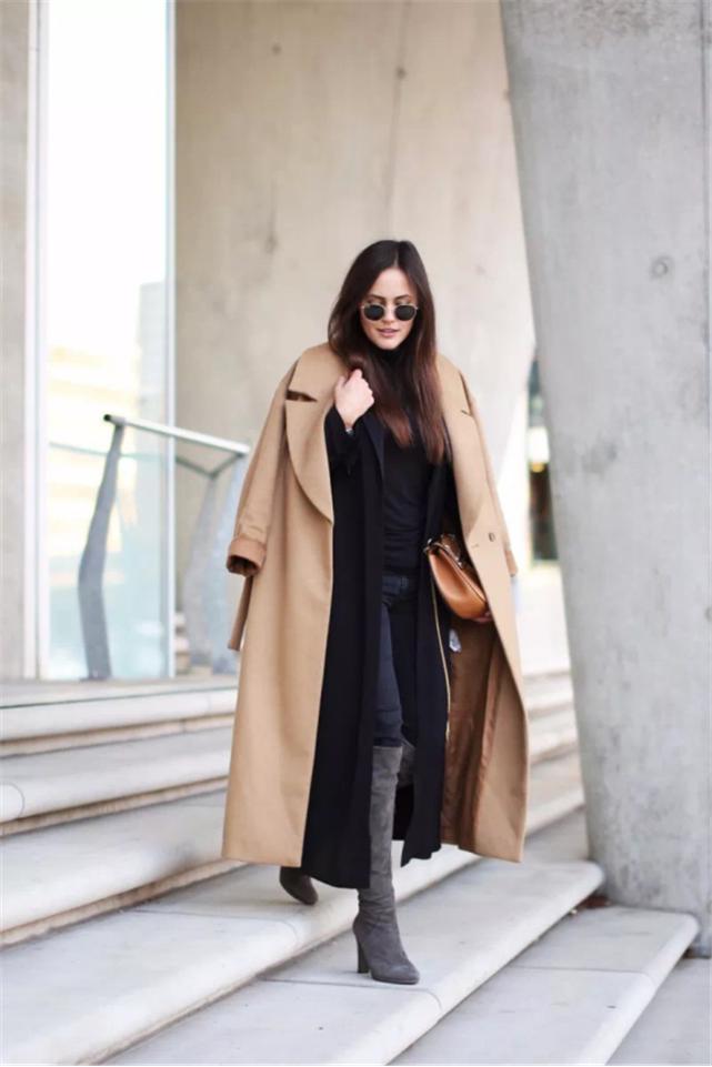 大衣阔腿裤今冬照着穿显瘦又洋气,阔腿裤搭配中长靴加羽绒服