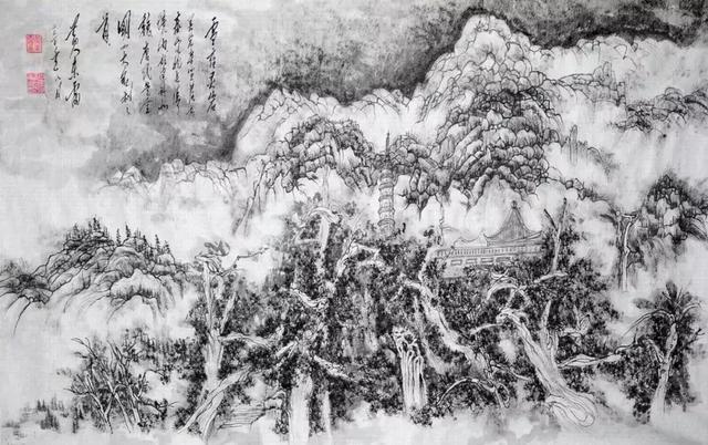 山水画的意境诗词,水墨山水画四尺作品