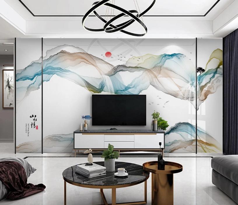 新中式石材背景墙效果图,新中式灰色瓷砖乳胶漆电视背景墙