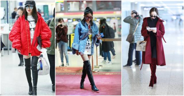 烟灰色牛仔裤怎么搭过膝靴,小香风皮毛外套搭配牛仔裤过膝靴