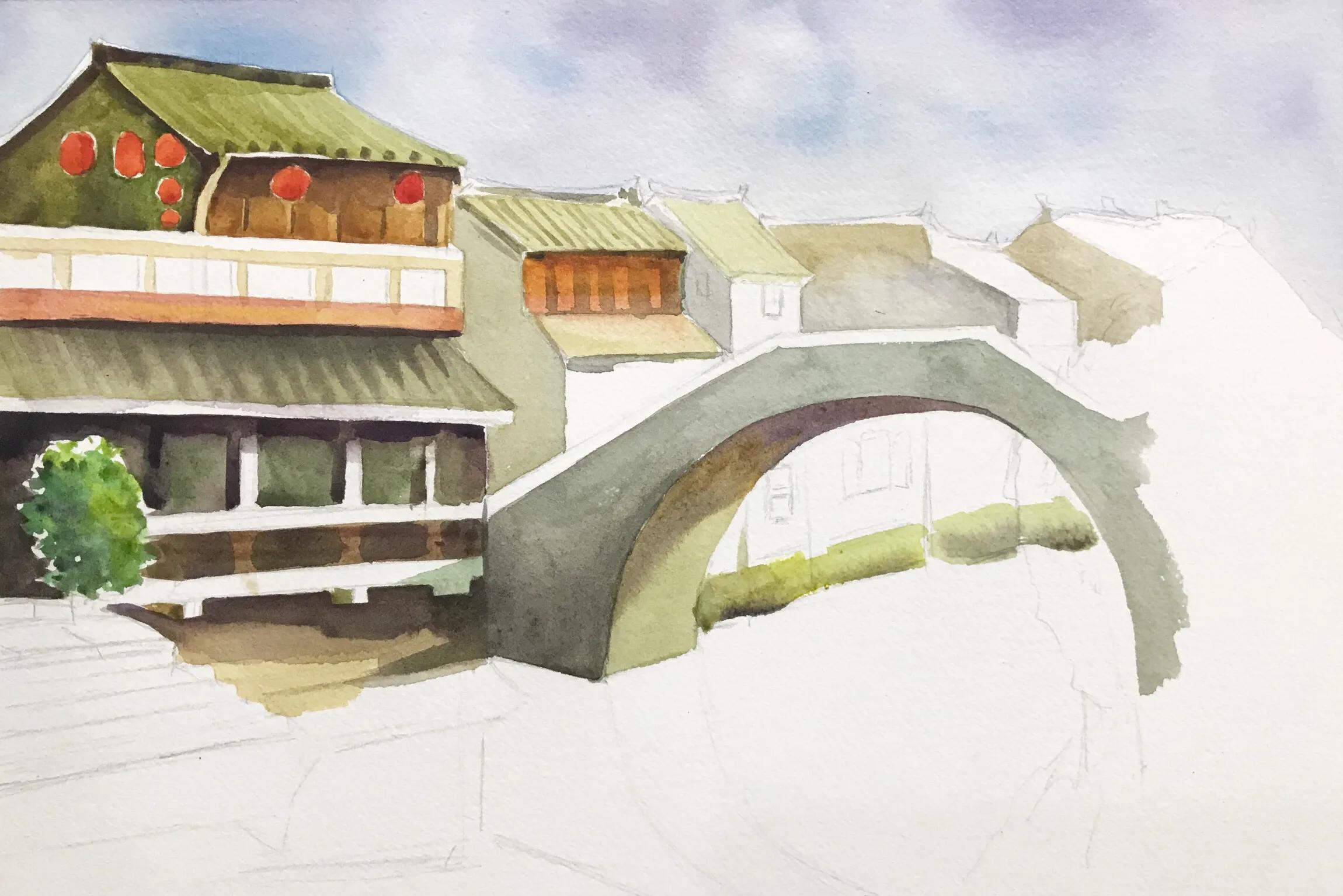 忆江南诗配画水彩,江南水彩风景画