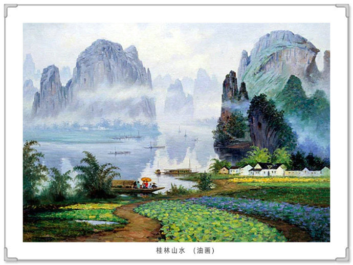 文化高级感十足的青绿山水画,古典山水写实油画作品