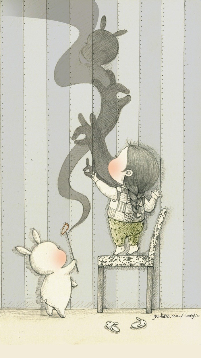 少女与兔子插画,兔子手绘创意插画
