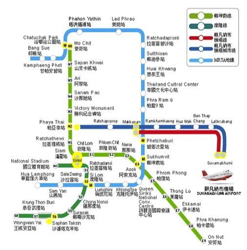 曼谷机场bts线路图,曼谷机场线和mrt是通票吗