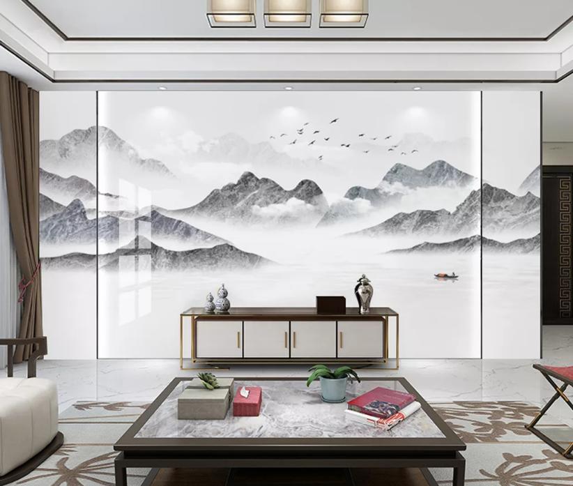 新中式石材背景墙效果图,新中式灰色瓷砖乳胶漆电视背景墙