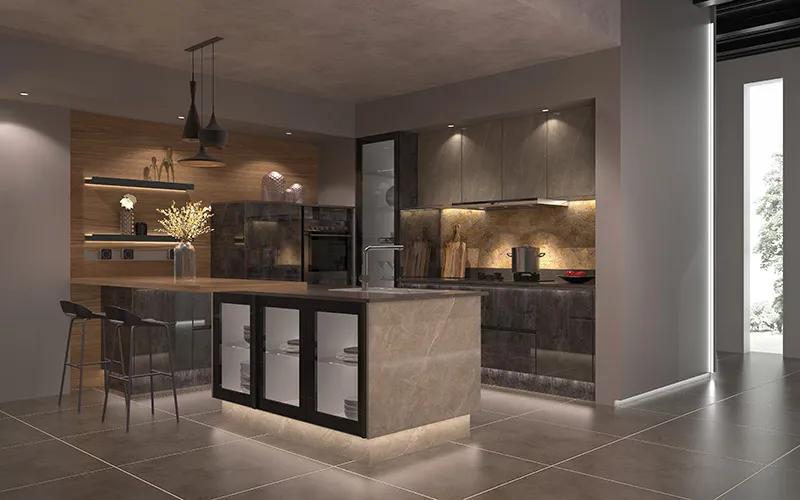 厨房直角吧台和推拉门一体效果图,厨房吧台极简设计效果图最新款