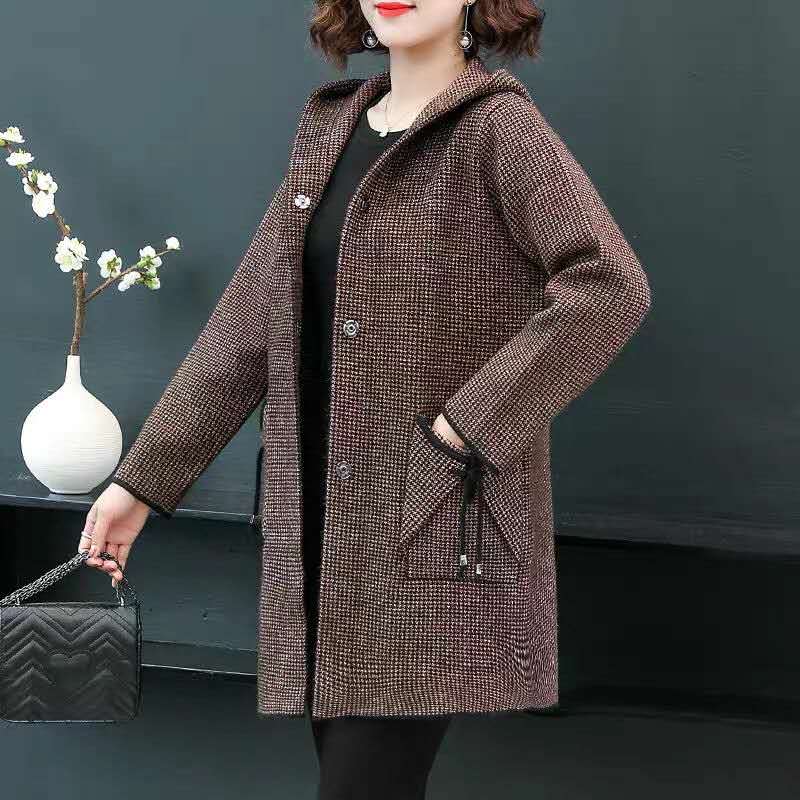 2020羊毛针织韩版大衣，系带洋气外套千鸟格，大码中老年大衣