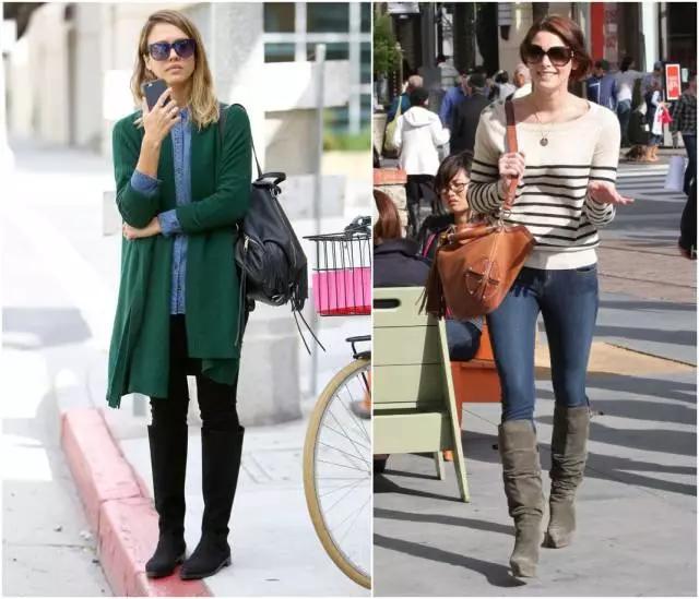 烟灰色牛仔裤怎么搭过膝靴,小香风皮毛外套搭配牛仔裤过膝靴