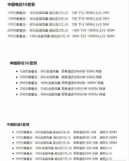 三大运营商公布5g套餐资费128元起,三大运营商最新5g套餐对照表