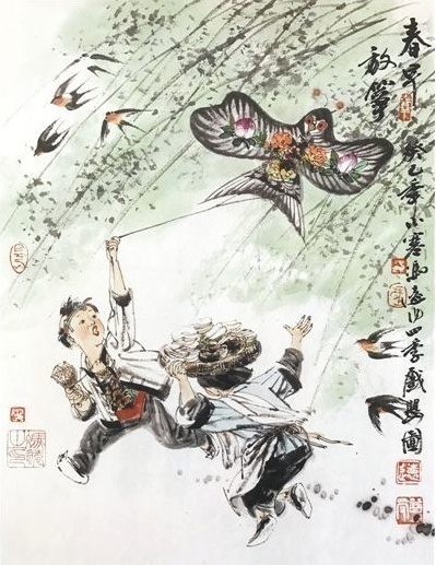 国画清明时节雨纷纷,春半花盛踏青时书法