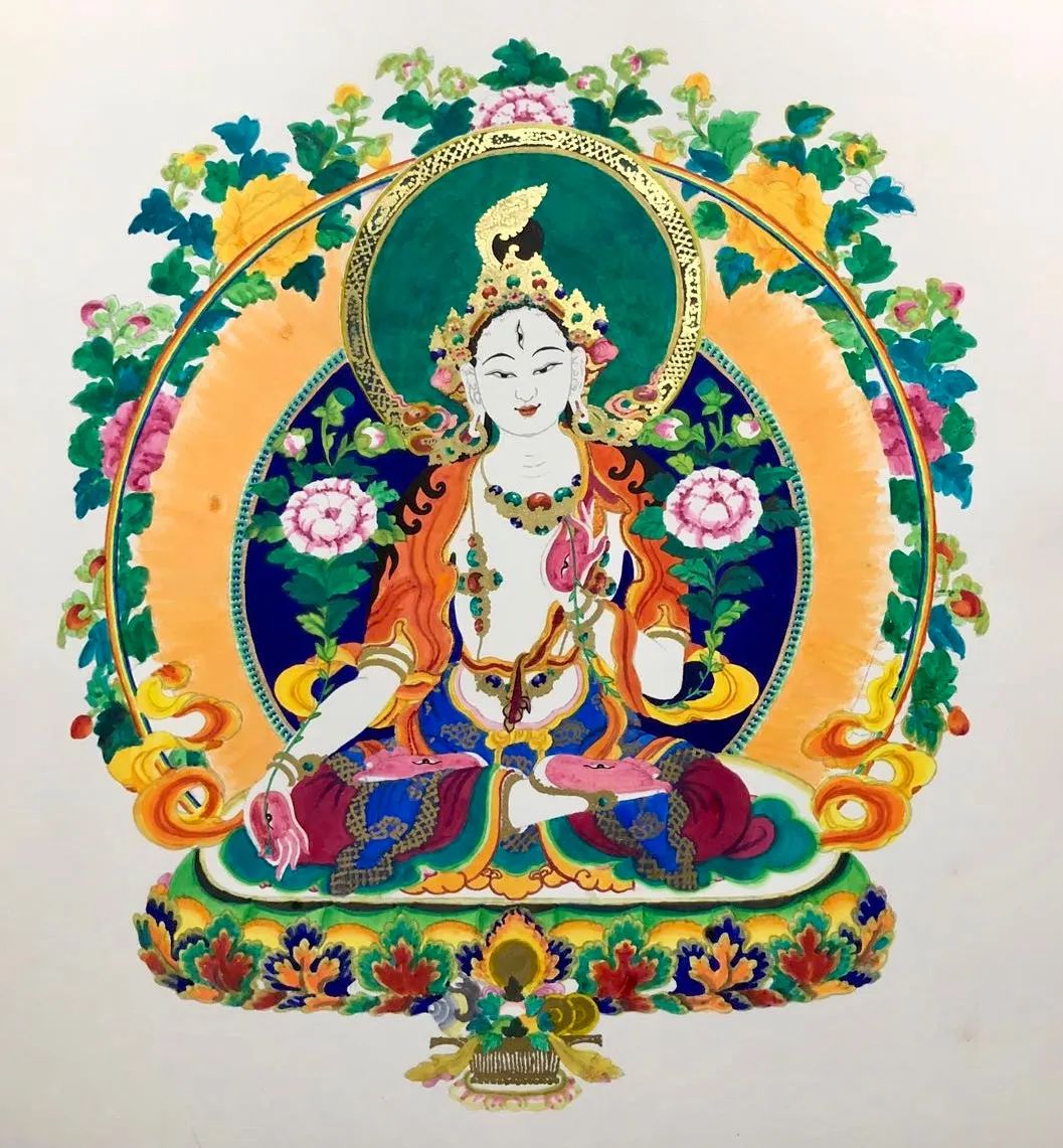 黑金白度母手绘唐卡,手绘白度母唐卡