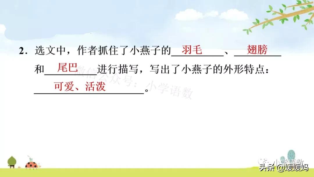 三年级下册第二课燕子的优美语句,燕子课文三年级下册同步练习答案