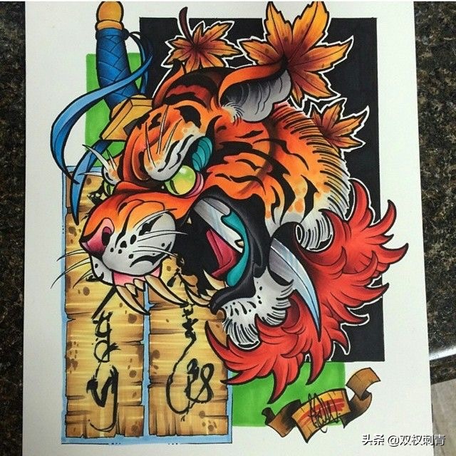 新传统老虎纹身手稿,满背老虎纹身手稿大全