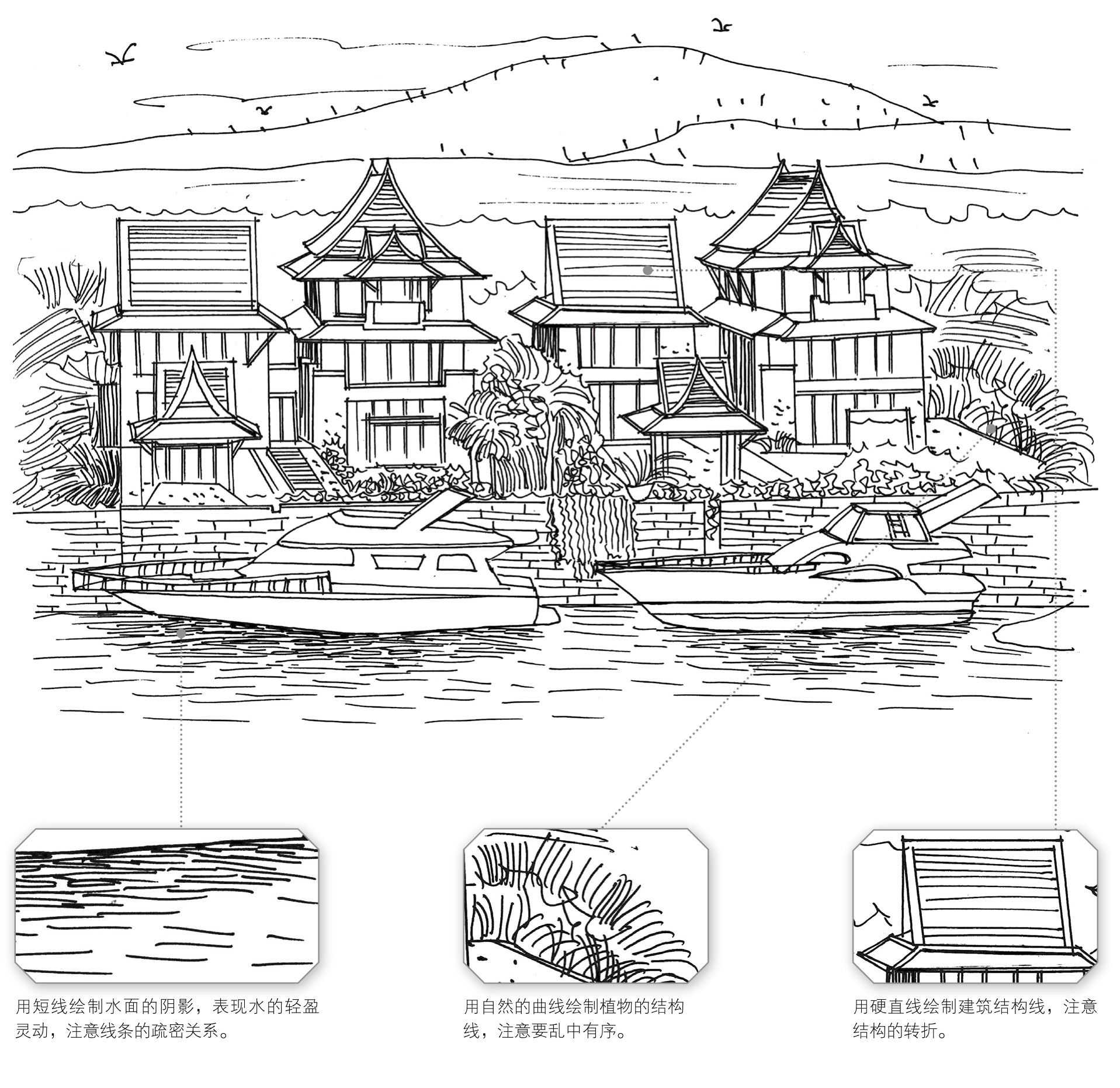 中国古代建筑手绘线稿步骤图,尺规手绘建筑平面图的绘制步骤