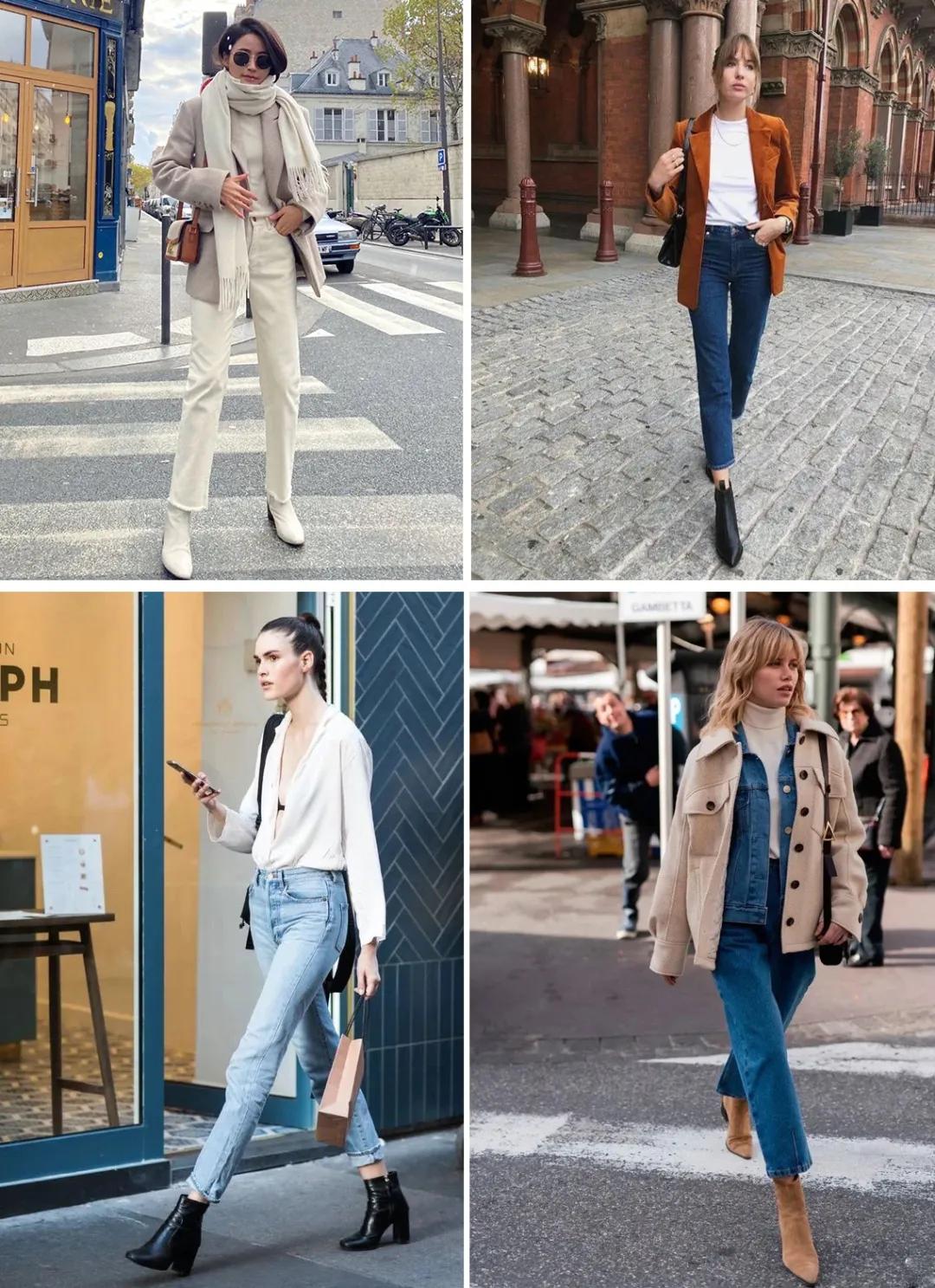 时髦大气的短靴整个look气场提升,牛仔裤短靴入冬正流行好看又高级