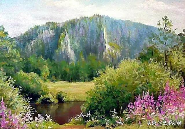 美丽又简单的远山倒影油画,风景优美的小河油画