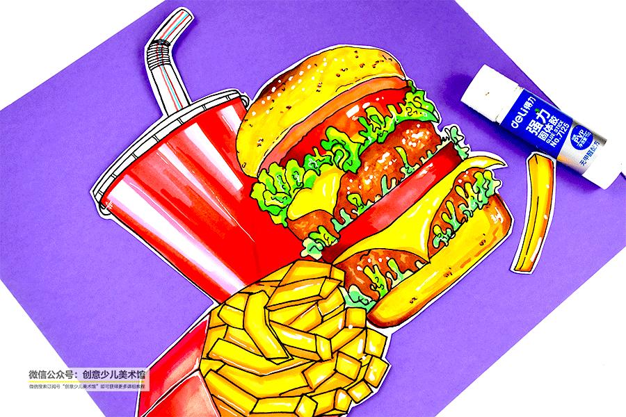 儿童画美食涂颜色教程,画汉堡怎么画简单又好看