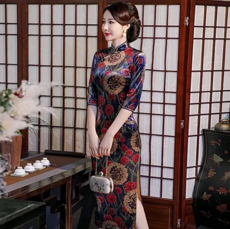 金丝绒旗袍打理,高档金丝绒旗袍长款长袖