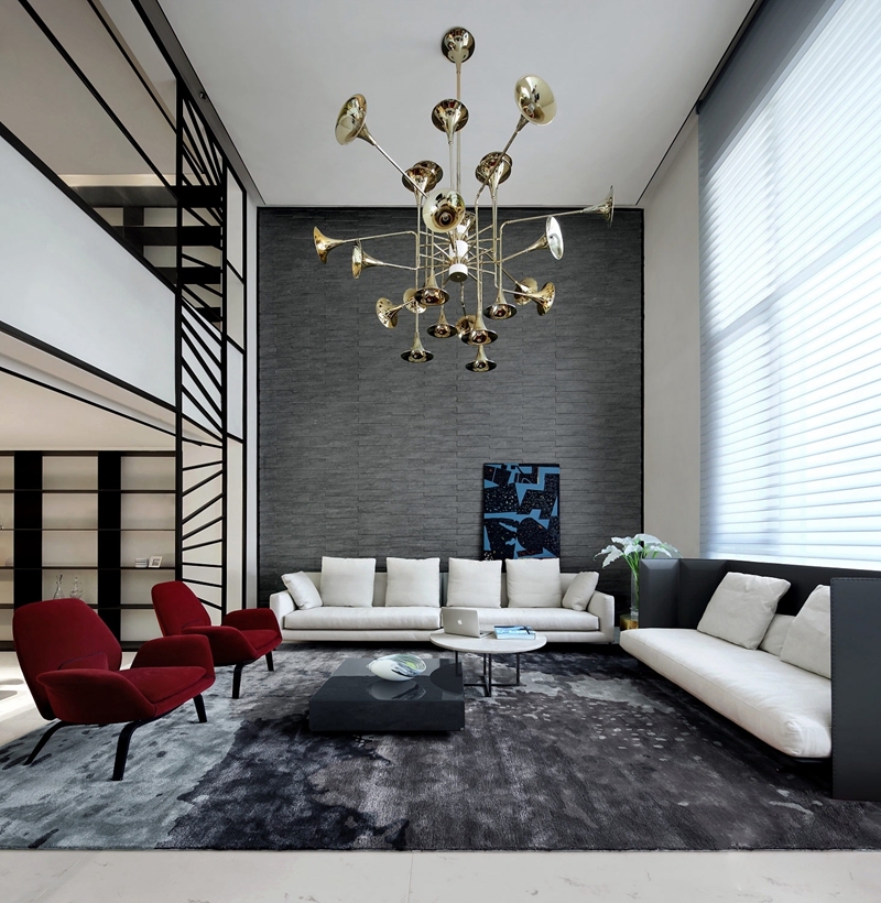 轻奢新中式挑空客厅效果图,挑空客厅极简设计案例